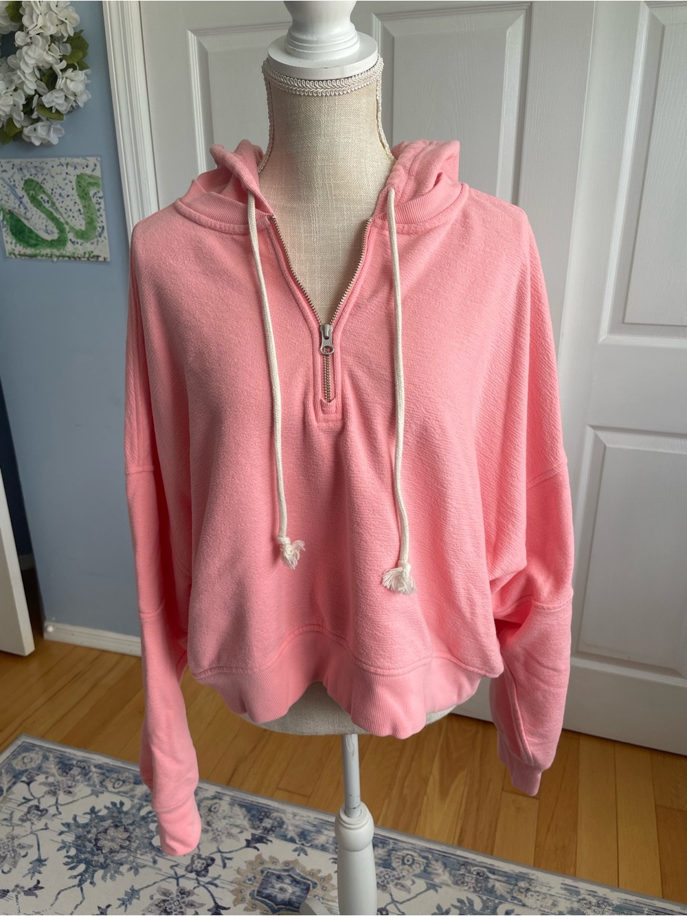 Aerie Cropped 1/4 Zip Oversized Hoodie-Coral-Pink-XL